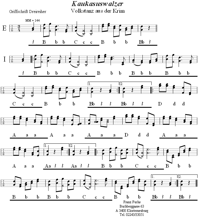 Kaukasuswalzer in Griffschrift für Steirische Harmonika. 
Bitte klicken, um die Melodie zu hören.