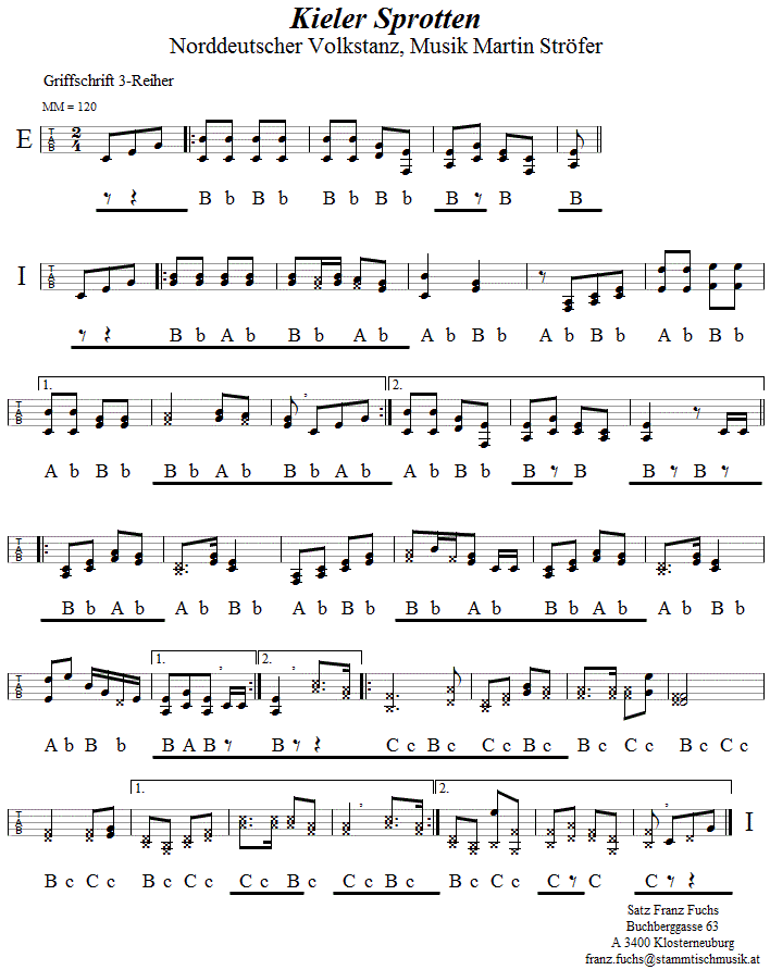 Kieler Sprotten in Griffschrift für Steirische Harmonika. 
Bitte klicken, um die Melodie zu hören.