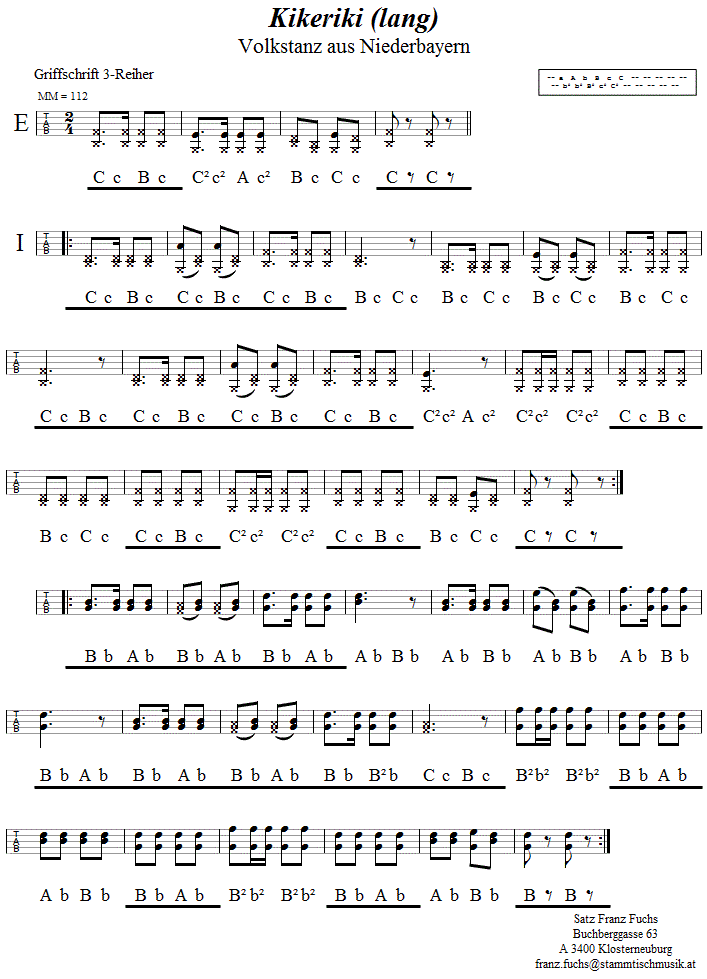 Kikeriki, lange Version, in Griffschrift für Steirische Harmonika. 
Bitte klicken, um die Melodie zu hören.