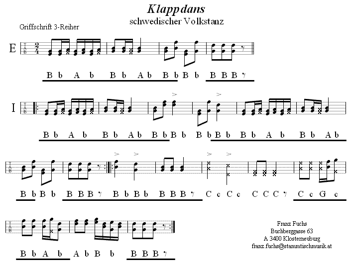 Klapptanz in Griffschrift für Steirische Harmonika. 
Bitte klicken, um die Melodie zu hören.