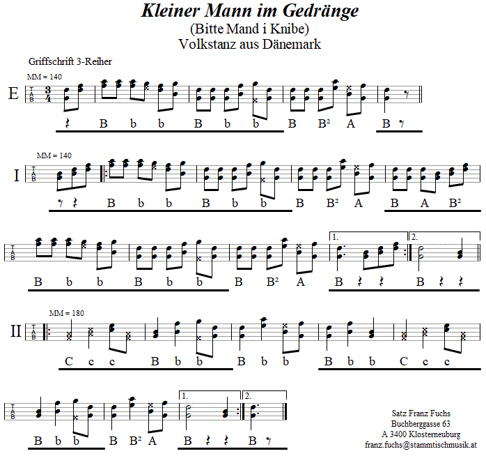 "Kleiner Mann im Gedränge" in Griffschrift für Steirische Harmonika. 
Bitte klicken, um die Melodie zu hören.
