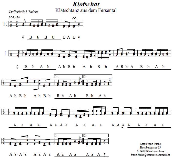 Klotschat in Griffschrift für Steirische Harmonika. 
Bitte klicken, um die Melodie zu hören.