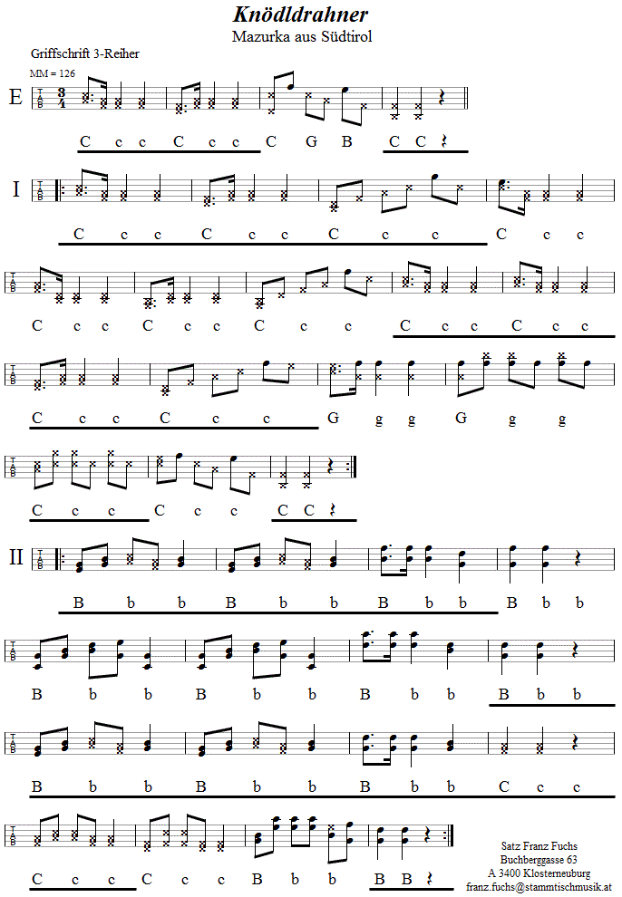 Knödldrahner in Griffschrift für steirische Harmonika. 
Bitte klicken, um die Melodie zu hören.