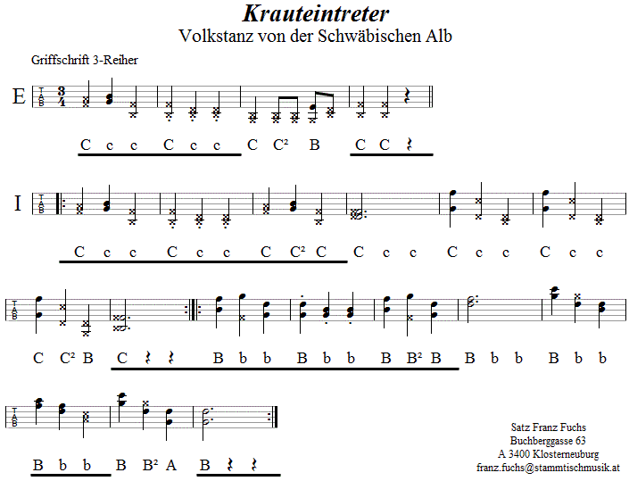 Krauteintreter in Griffschrift für Steirische Harmonika. 
Bitte klicken, um die Melodie zu hören.
