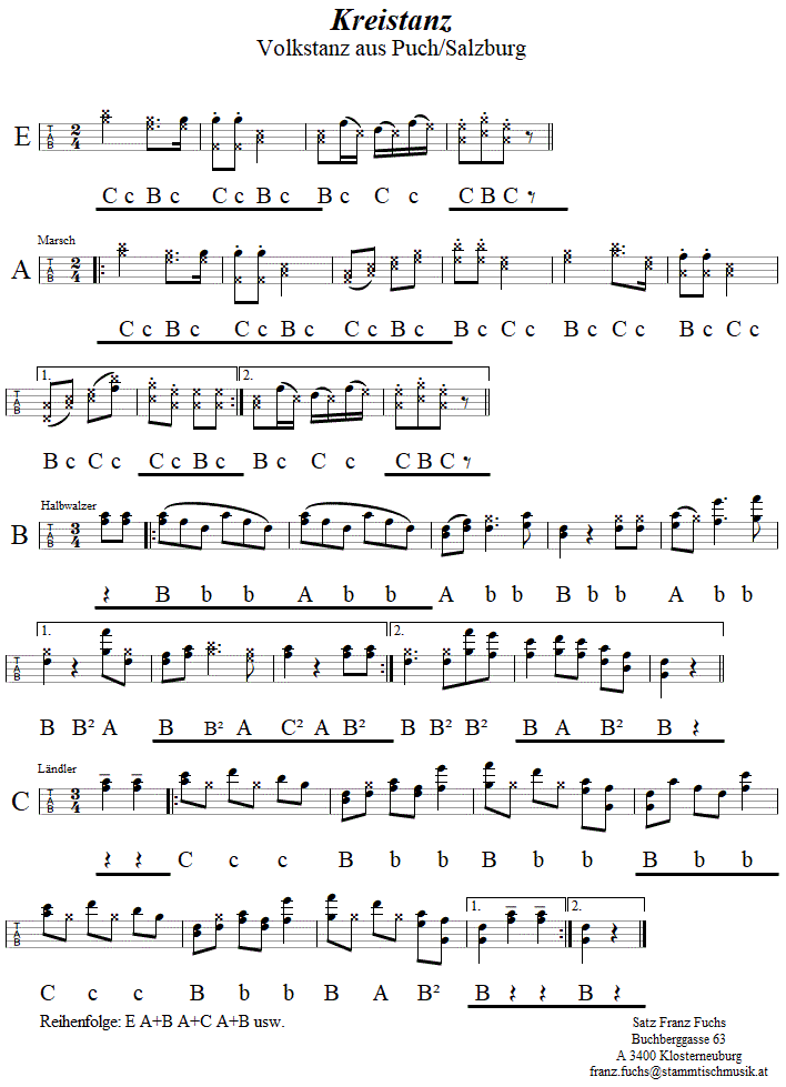 Kreistanz aus Salzburg in Griffschrift für Steirische Harmonika. 
Bitte klicken, um die Melodie zu hören.