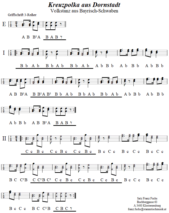 Kreuzpolka aus Dornstadt in Griffschrift für Steirische Harmonika. 
Bitte klicken, um die Melodie zu hören.