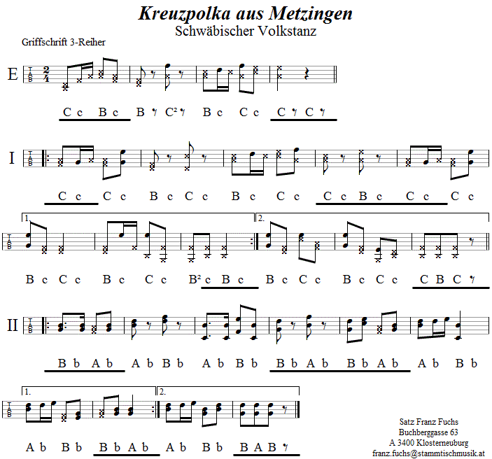 Kreuzpolka aus Metzingen in Griffschrift für Steirische Harmonika. 
Bitte klicken, um die Melodie zu hören.