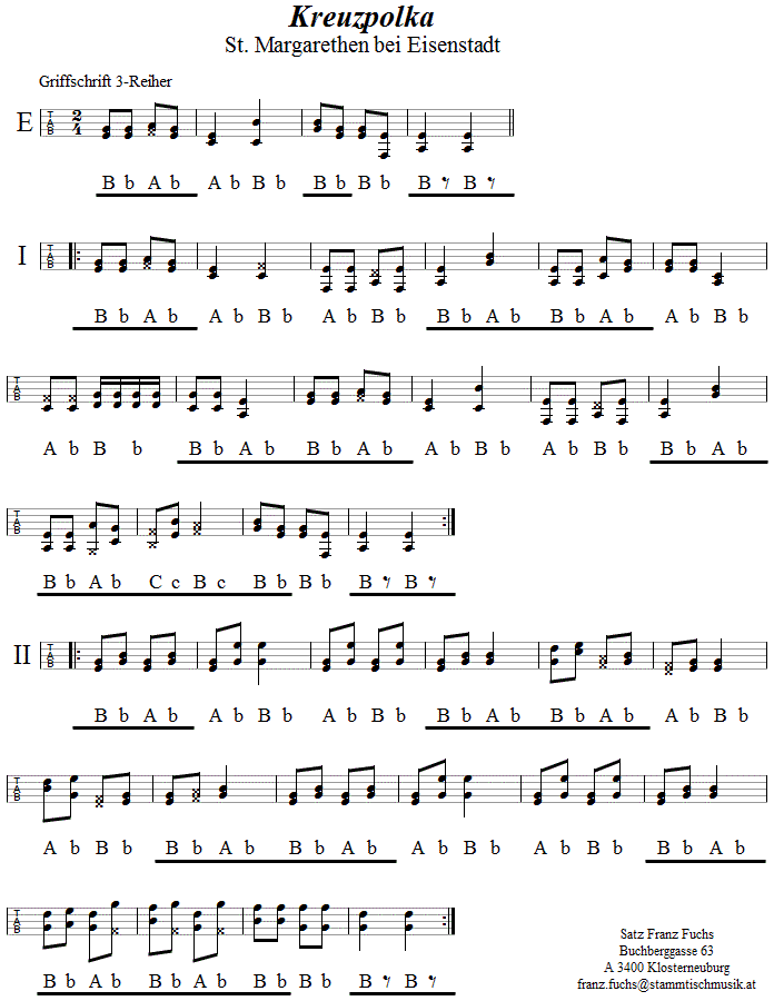 Kreuzpolka aus St. Margarethen in Griffschrift für steirische Harmonika. 
Bitte klicken, um die Melodie zu hören.