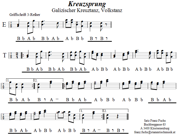 Kreuztanz (Galizische Kreuzpolka, Kreuzsprung) in Griffschrift für Steirische Harmonika. 
Bitte klicken, um die Melodie zu hören.