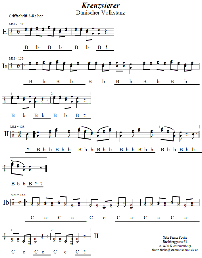 Kreuzvierer in Griffschrift fr Steirische Harmonika. 
Bitte klicken, um die Melodie zu hren.