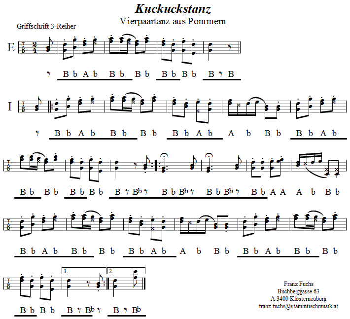Kuckuckstanz in Griffschrift für Steirische Harmonika. 
Bitte klicken, um die Melodie zu hören.