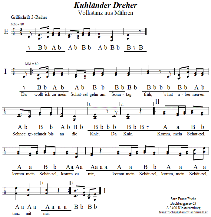 Kuhländer Dreher in Griffschrift für Steirische Harmonika. 
Bitte klicken, um die Melodie zu hören.