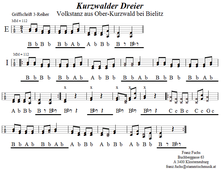 Kurzwalder Dreier in Griffschrift für Steirische Harmonika. 
Bitte klicken, um die Melodie zu hören.