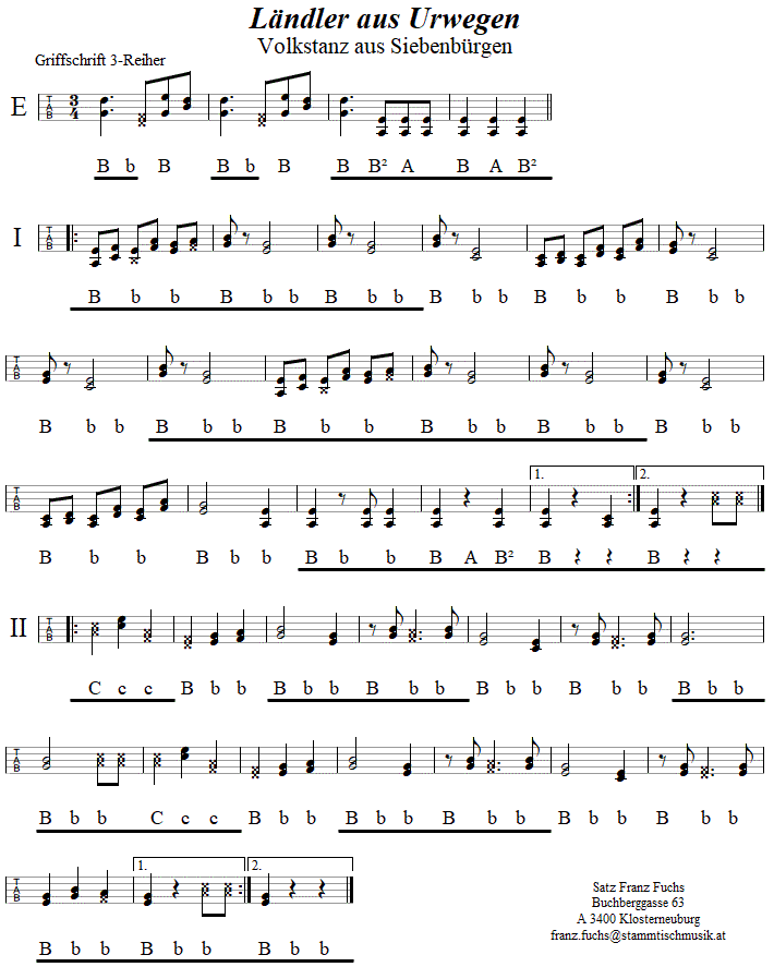 Ländler aus Urwegen in Griffschrift für Steirische Harmonika. 
Bitte klicken, um die Melodie zu hören.
