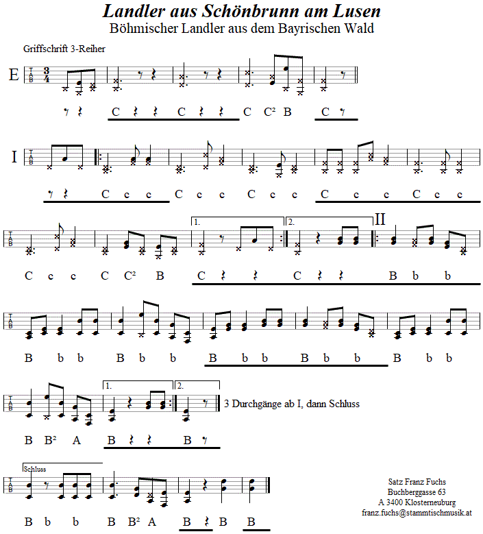 Landler aus Schnbrunn am Lusen in Griffschrift fr Steirische Harmonika. 
Bitte klicken, um die Melodie zu hren.