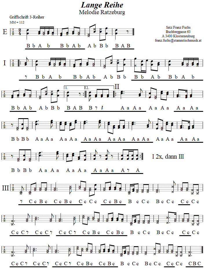 Lange Reihe, in Griffschrift für Steirische Harmonika. 
Bitte klicken, um die Melodie zu hören.