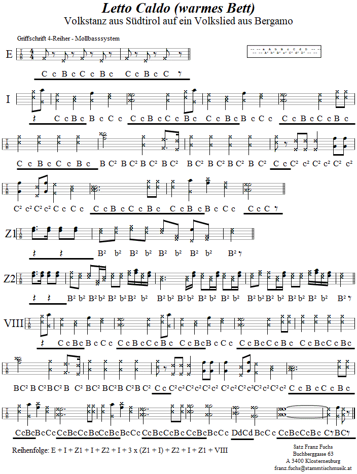 Letto Caldo (Warmes Bett) in Griffschrift fr Steirische Harmonika. 
Bitte klicken, um die Melodie zu hren.