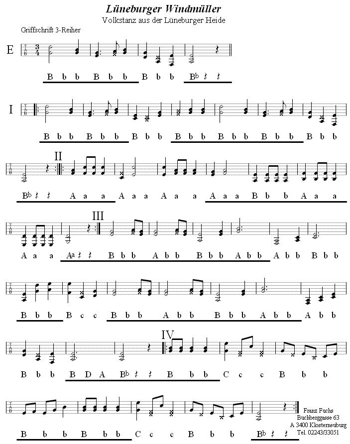 Lüneburger Windmüller in Griffschrift für Steirische Harmonika. 
Bitte klicken, um die Melodie zu hören.