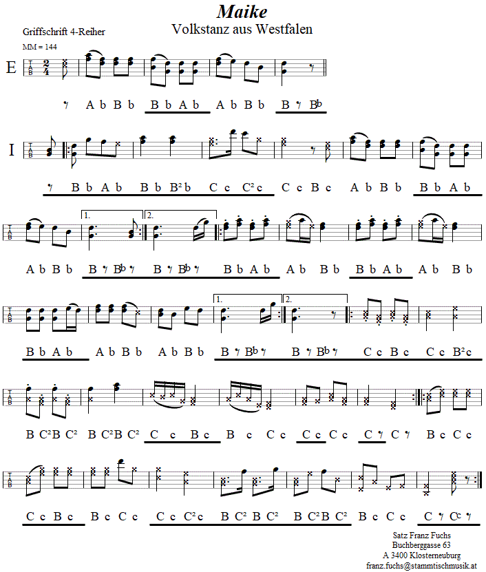 Maike, in Griffschrift fr Steirische Harmonika. 
Bitte klicken, um die Melodie zu hren.