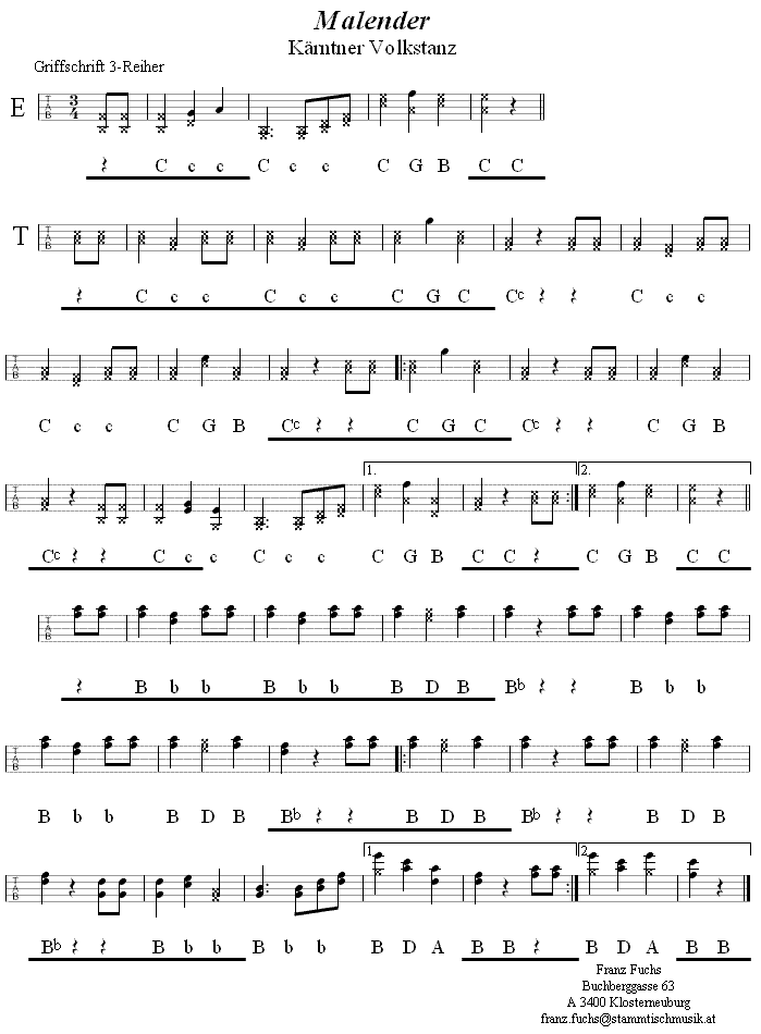 Malender in Griffschrift für Steirische Harmonika.
Bitte klicken, um die Melodie zu hören.