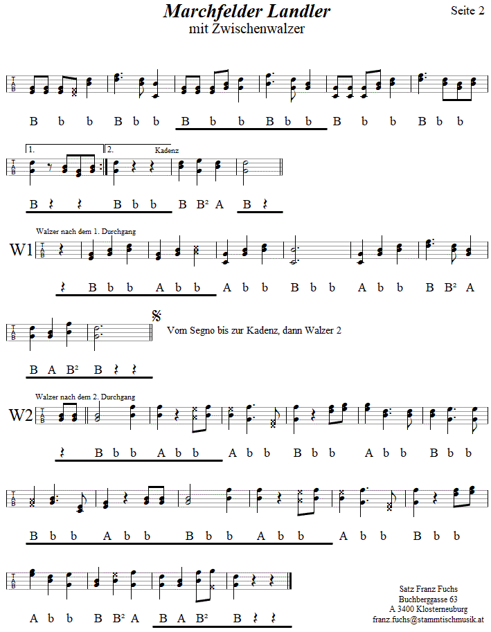 Marchfelder Landler, Seite 2, in Griffschrift fr Steirische Harmonika. 
Bitte klicken, um die Melodie zu hren.