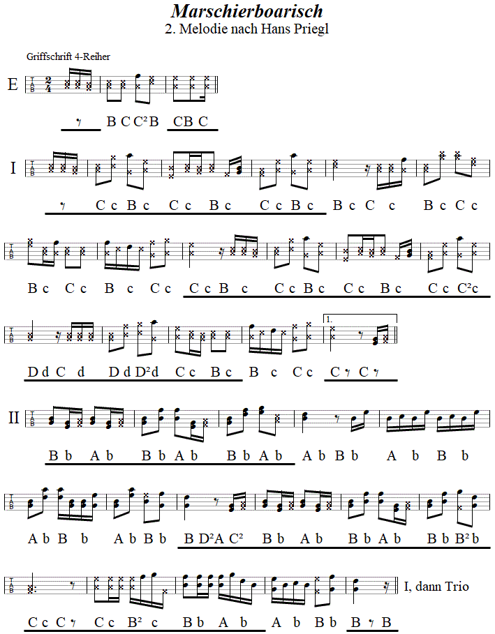 Marschierbairisch 2 in Griffschrift fr Steirische Harmonika.
Bitte klicken, um die Melodie zu hren.