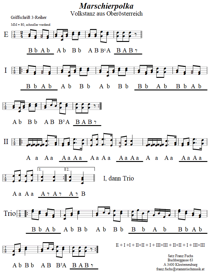 Marschierpolka in Griffschrift fr Steirische Harmonika.
Bitte klicken, um die Melodie zu hren.