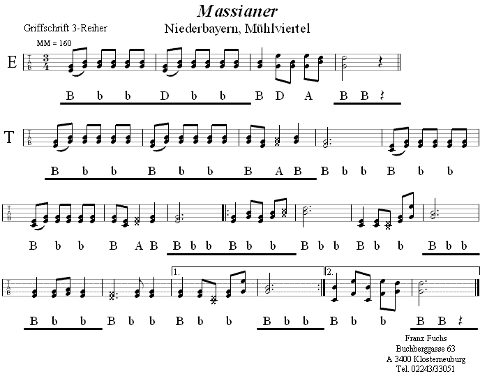 Massianer in Griffschrift für Steirische Harmonika.
Bitte klicken, um die Melodie zu hören.