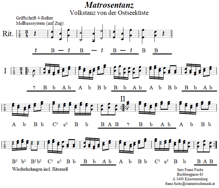 Matrosentanz von der Ostseeküste, in Griffschrift für Steirische Harmonika. 
Bitte klicken, um die Melodie zu hören.