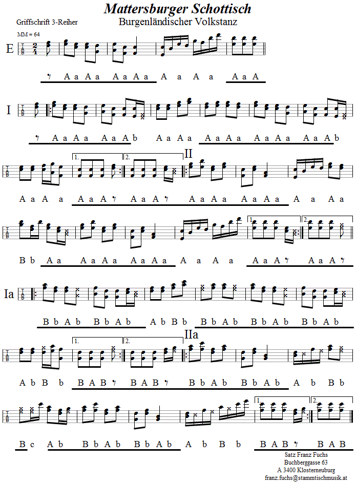 Mattersburger Schottisch in Griffschrift für Steirische Harmonika.
Bitte klicken, um die Melodie zu hören.