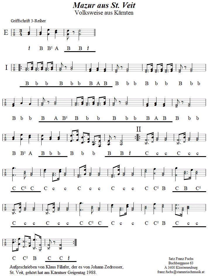 Mazurka aus dem Grtschitztal in Griffschrift fr Steirische Harmonika. 
Bitte klicken, um die Melodie zu hren.