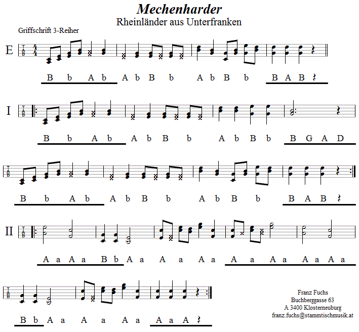 Mechenharder in Griffschrift für Steirische Harmonika. 
Bitte klicken, um die Melodie zu hören.