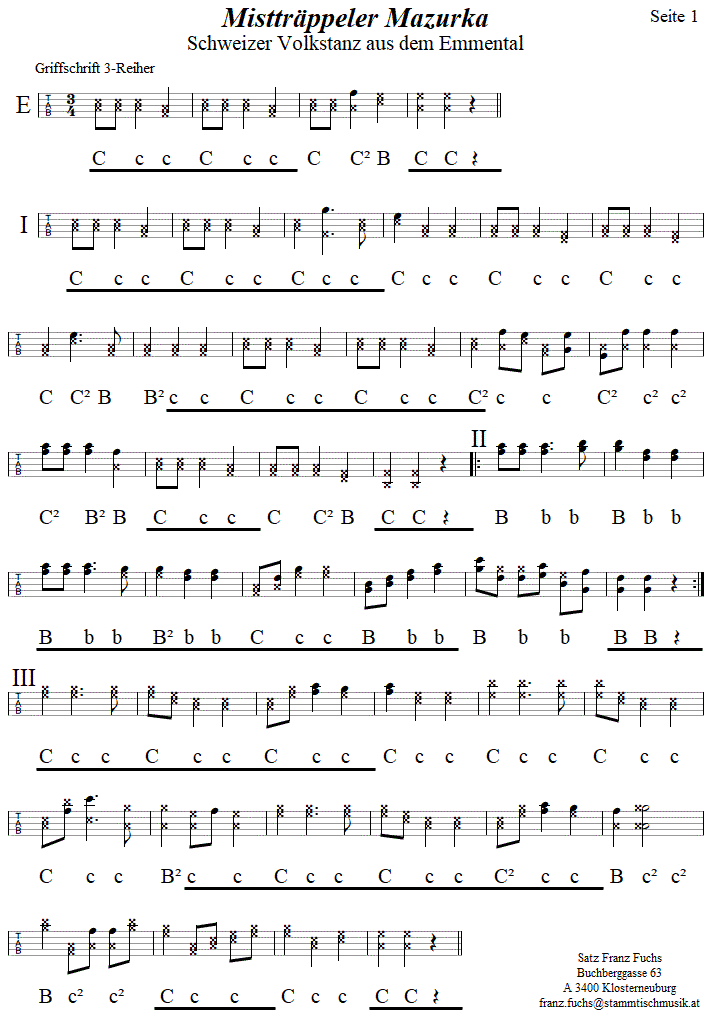 Misttrppeler Mazurka, Seite 1, in Griffschrift fr Steirische Harmonika.
Bitte klicken, um die Melodie zu hren.