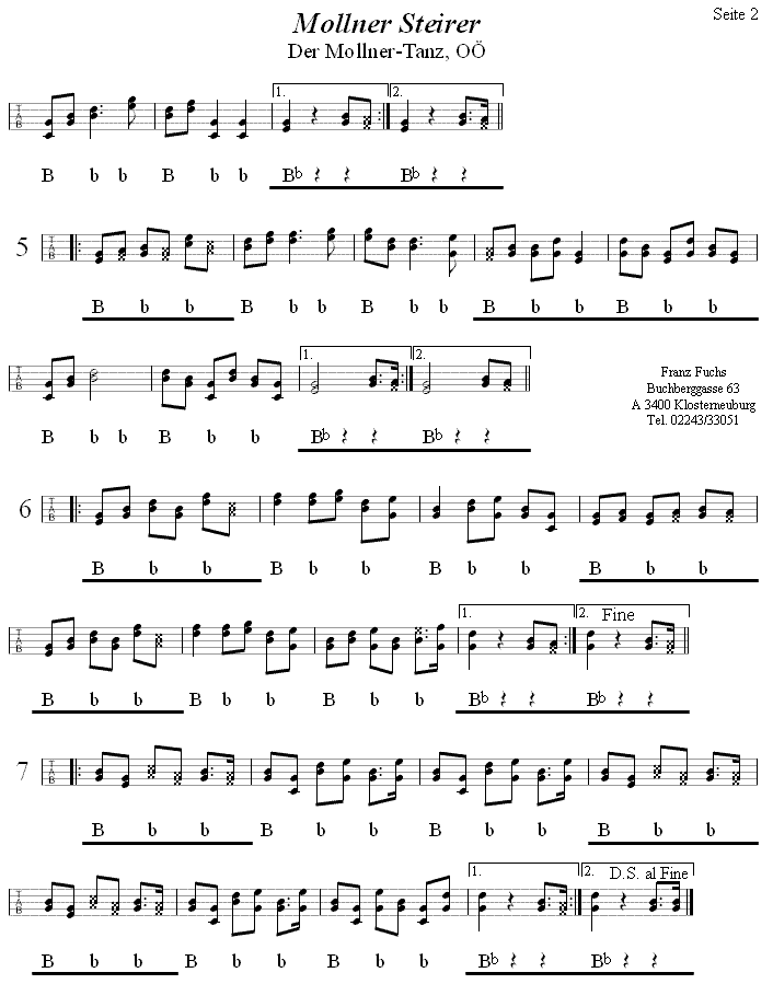 Mollner Steirer Seite 2 in Griffschrift für Steirische Harmonika. 
Bitte klicken, um die Melodie zu hören.