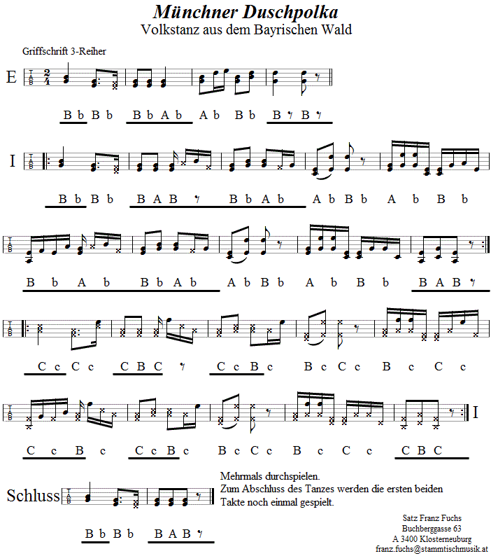 Münchner Duschpolka oder Polka zu dritt in Griffschrift für Steirische Harmonika. 
Bitte klicken, um die Melodie zu hören.
