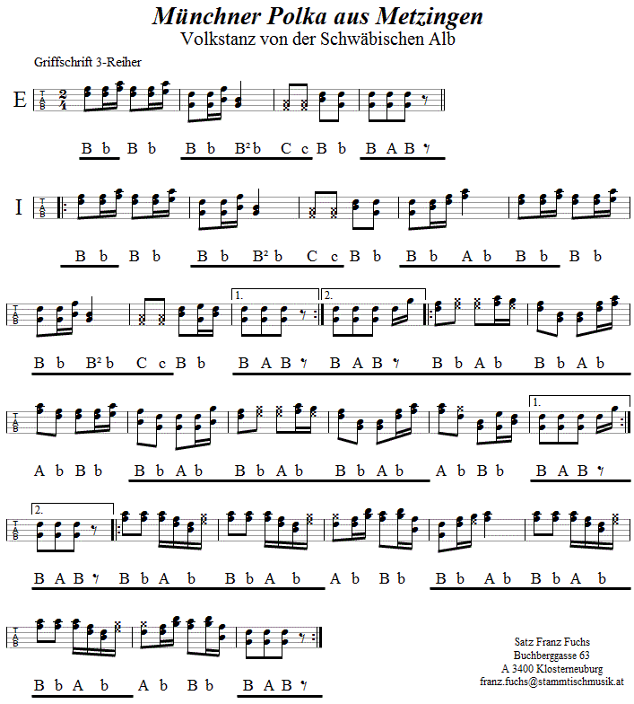 Münchner Polka aus Metzingen in Griffschrift für Steirische Harmonika. 
Bitte klicken, um die Melodie zu hören.