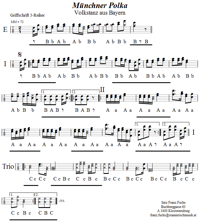 Münchner Polka in Griffschrift für Steirische Harmonika. 
Bitte klicken, um die Melodie zu hören.