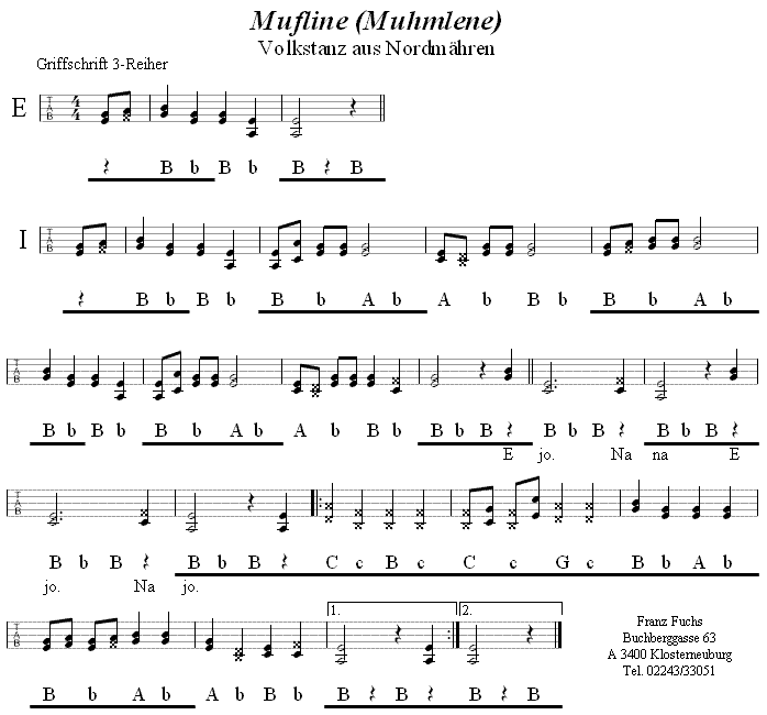 Mufline in Griffschrift für Steirische Harmonika. 
Bitte klicken, um die Melodie zu hören.
