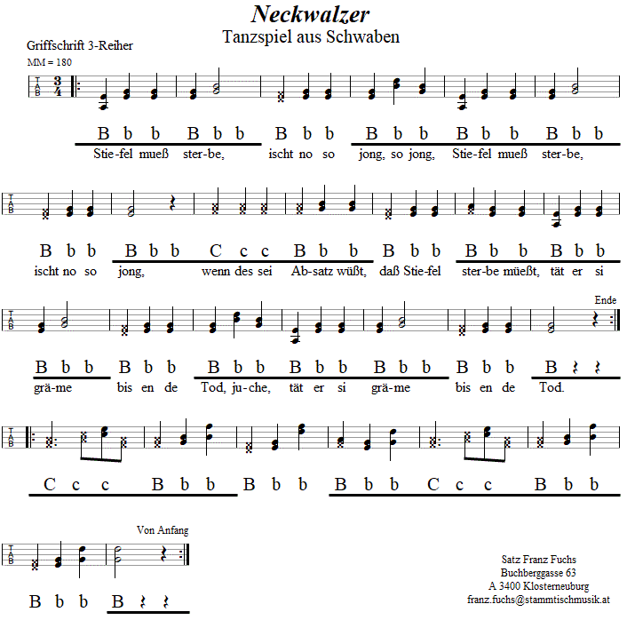 Neckwalzer in Griffschrift fr Steirische Harmonika. 
Bitte klicken, um die Melodie zu hren.