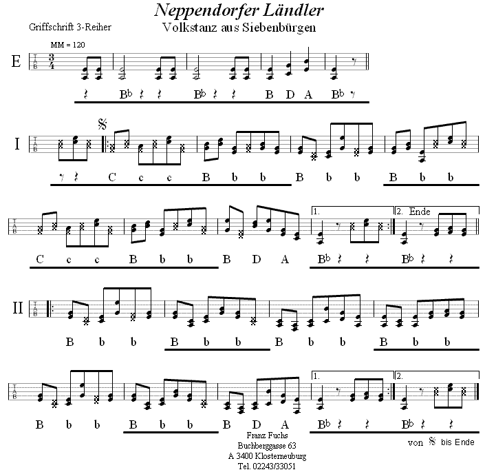 Neppendorfer Ländler in Griffschrift für Steirische Harmonika.
Bitte klicken, um die Melodie zu hören.