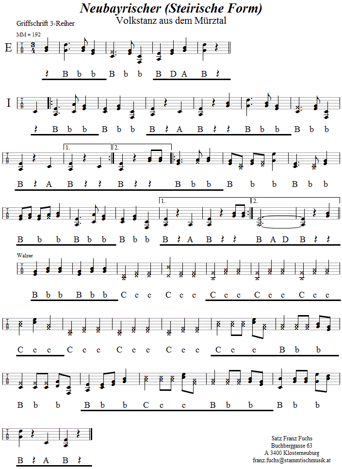 Neubayrischer, Steirische Form,  in Griffschrift für Steirische Harmonika. 
Bitte klicken, um die Melodie zu hören.
