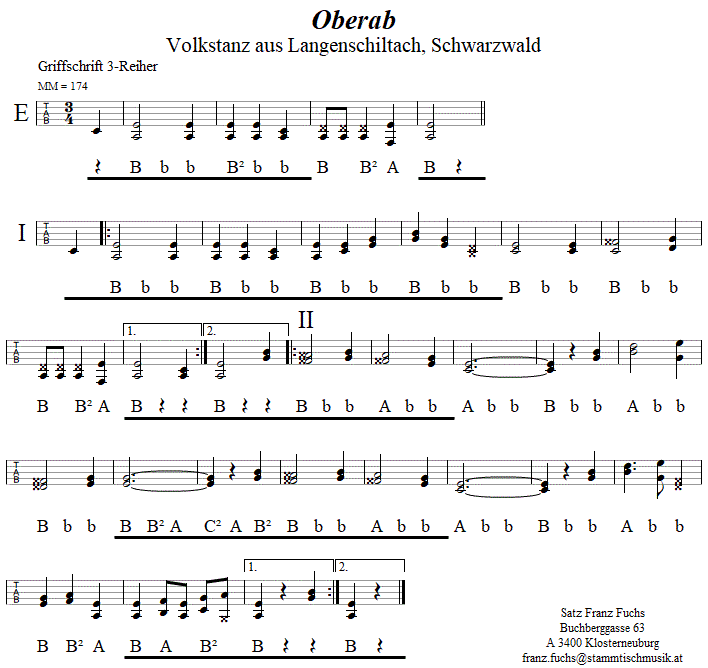 Oberab in Griffschrift für Steirische Harmonika. 
Bitte klicken, um die Melodie zu hören.
