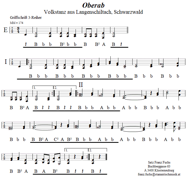 Oberab in Griffschrift fr Steirische Harmonika. 
Bitte klicken, um die Melodie zu hren.