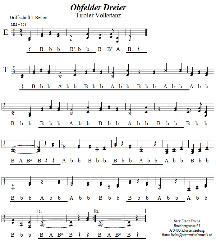 Obfelder Dreier in Griffschrift fr Steirische Harmonika. 
Bitte klicken, um die Melodie zu hren.