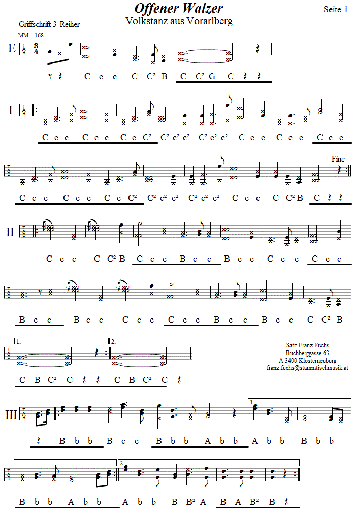 Offener Walzer, Seite 1 in Griffschrift fr Steirische Harmonika. 
Bitte klicken, um die Melodie zu hren.