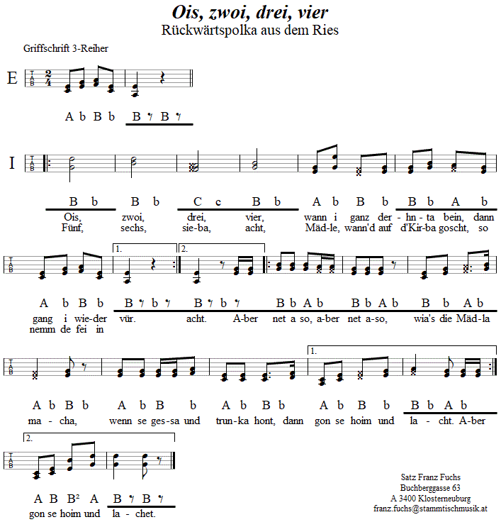 Ois, zwoi, drei, vier in Griffschrift fr Steirische Harmonika. 
Bitte klicken, um die Melodie zu hren.