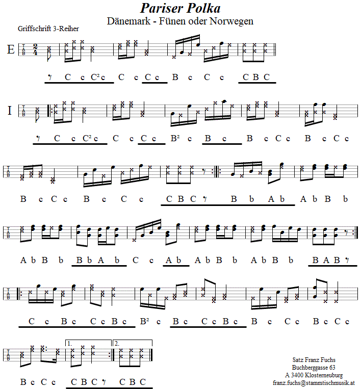 Pariser Polka in Griffschrift für Steirische Harmonika. 
Bitte klicken, um die Melodie zu hören.