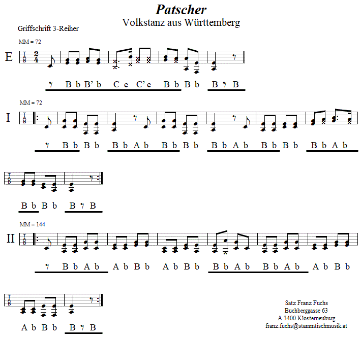 Patscher in Griffschrift für Steirische Harmonika. 
Bitte klicken, um die Melodie zu hören.