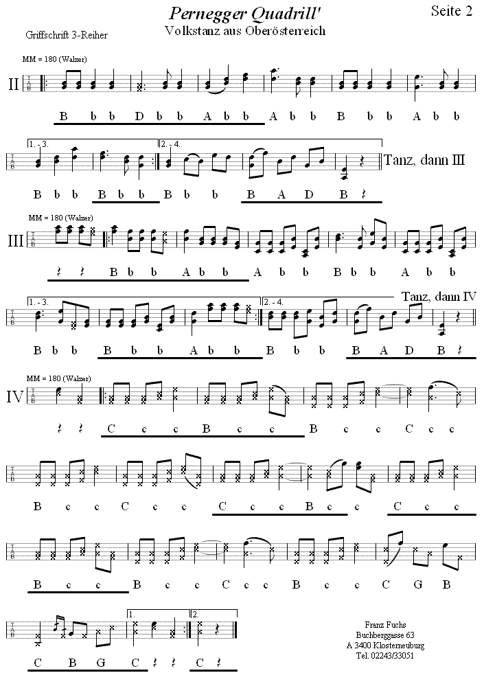 Pernegger Quadrill, Seite 2 in Griffschrift für Steirische Harmonika.
Bitte klicken, um die Melodie zu hören.