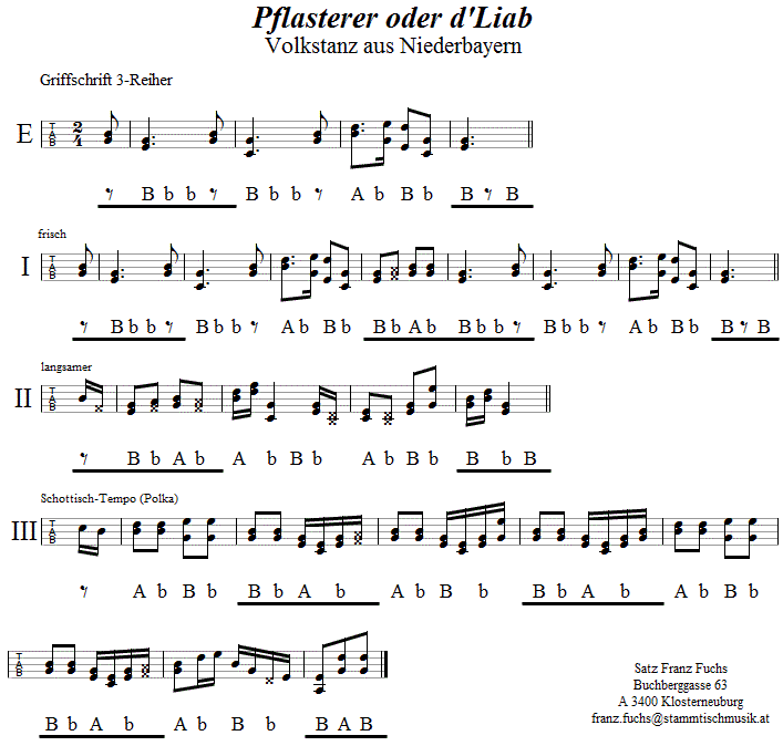 Pflasterer in Griffschrift für Steirische Harmonika. 
Bitte klicken, um die Melodie zu hören.